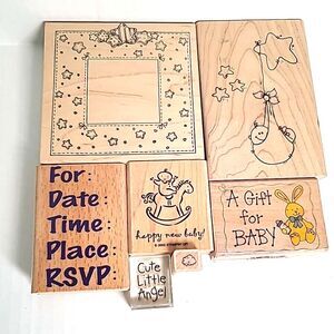 Vintage Lot of 7 Wooden Rubber Stamps Baby Newborn Shower Scrapbooking Stamping